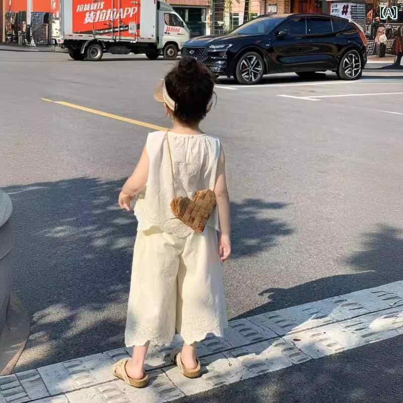 子供用 レース ノースリーブトップス ワイドパンツ セットアップ 夏 100-140cm