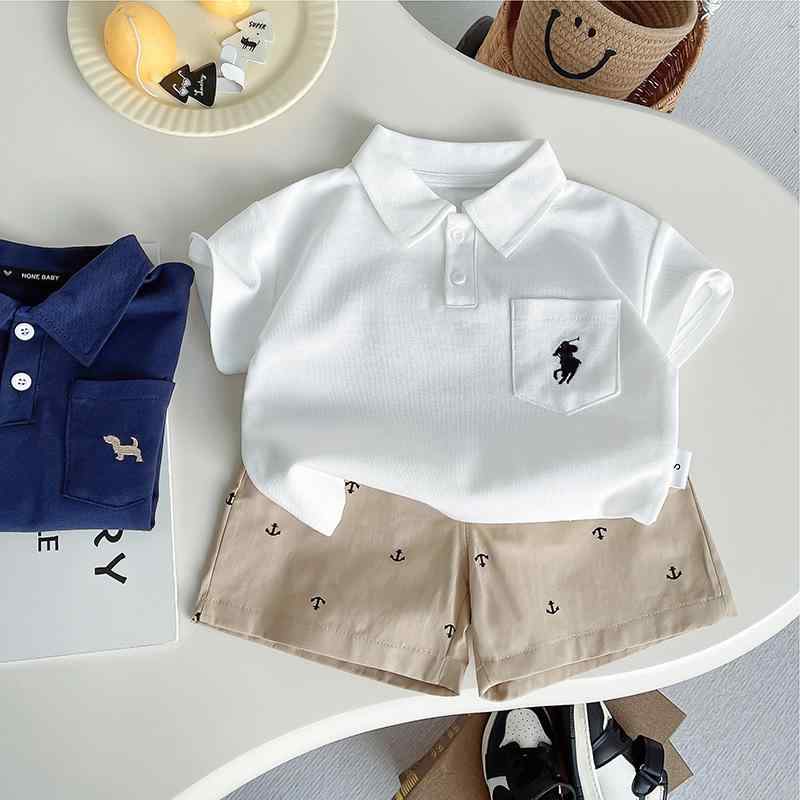 男の子 夏服 セットアップ ベビー用 短袖 Poloシャツ ショートパンツ 2点セット 恐竜柄 ホワイト ネイビー 紺色