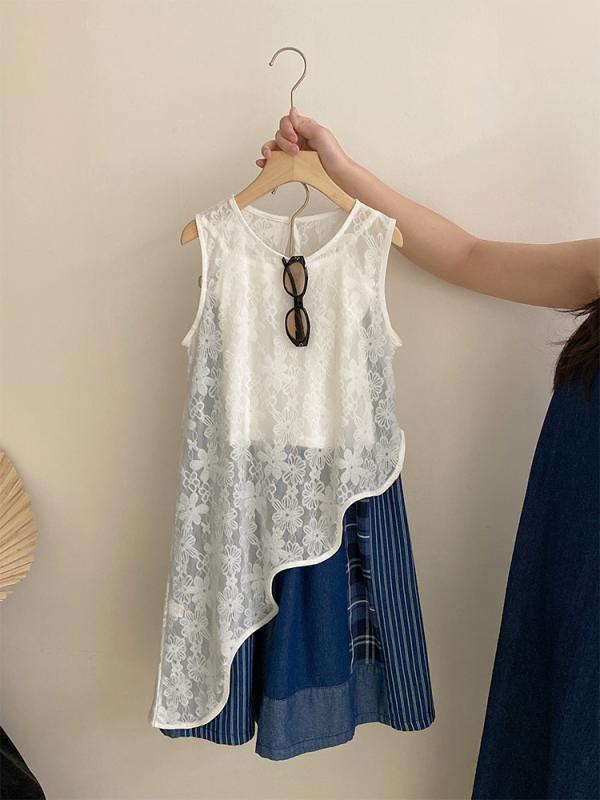 子供服 女の子 セットアップ ノースリーブトップス ストライプパンツ 夏服 涼しい かわいい おしゃれ カジュアル 快適 普段使い 8歳以上 140cm以上