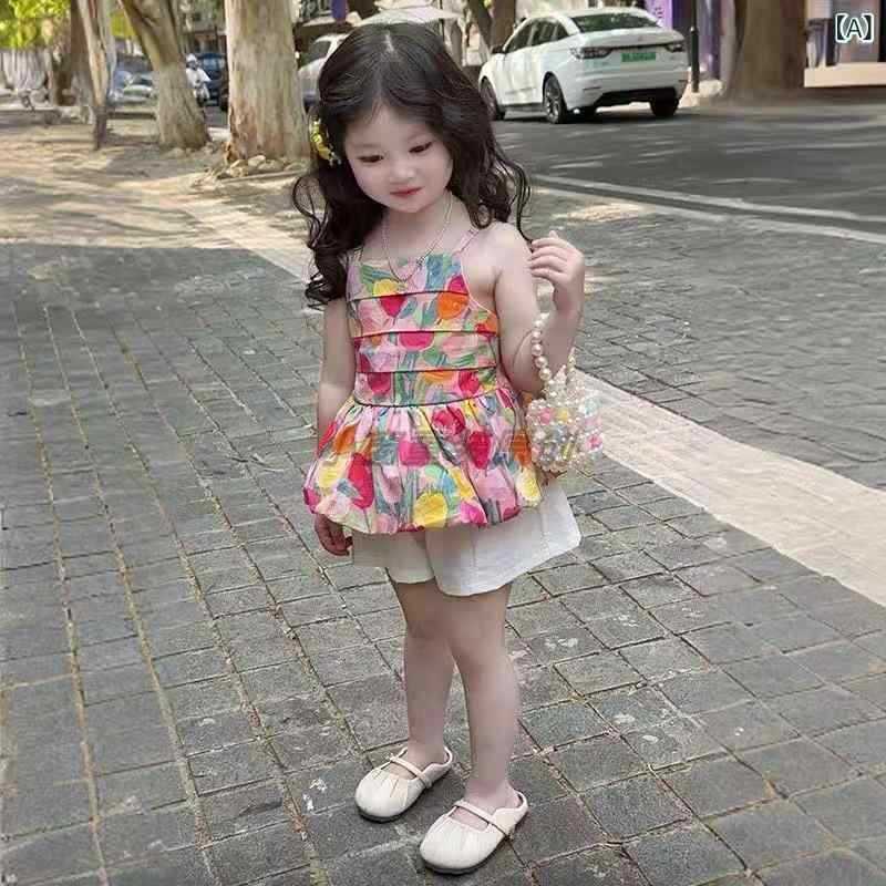 フォークBRの女の子 花柄 キャミソール ショートパンツ セットアップ 夏服 子供服 かわいい おしゃれ 涼しい 快適 綿素材 3歳 4歳 5歳 6歳 7歳 8歳 100cm 110cm 120cm 130cm 140cm｜アングル2