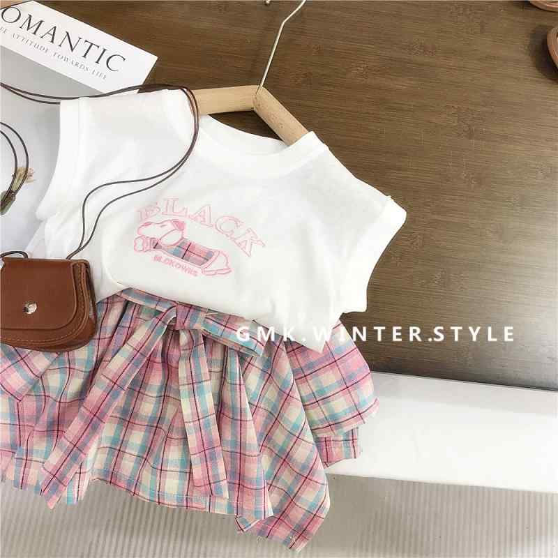 Girls' Checkered Skirt with Shorts Set - Short-Sleeved Top and Shorts (2-piece set) - Summer Clothes - Baby Clothes - Ages 3, 4, 5, 6, 7, 8 - Sizes 100cm, 110cm, 120cm, 130cm, 140cm - 100% Cotton