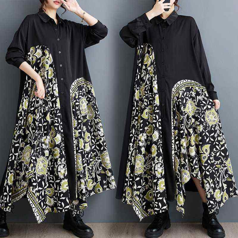 ワンピース レディース 長袖 チュニック irregular color blocking splice dress ladies fashion casual vintage style polyester long sleeve round neck