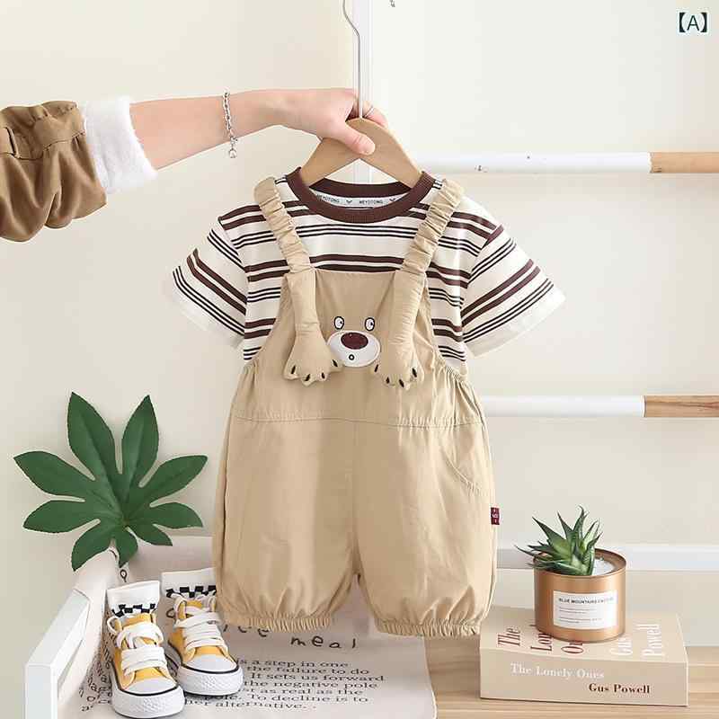 フォークBRの子供服 男の子 夏 半袖 ストライプ サロペット 2点セット 子供用Tシャツ ズボンセット カジュアル かわいい おしゃれ 80cm 90cm 100cm 110cm｜アングル2