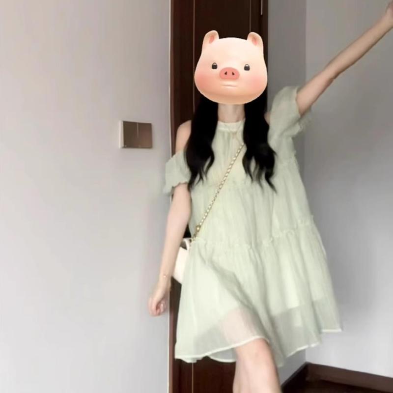 ワンピース チュニック 緑色 2025年夏 フレンチデザイン 痩せ見え 短め丈 着痩せ 涼しい かわいい おしゃれ かわいい
