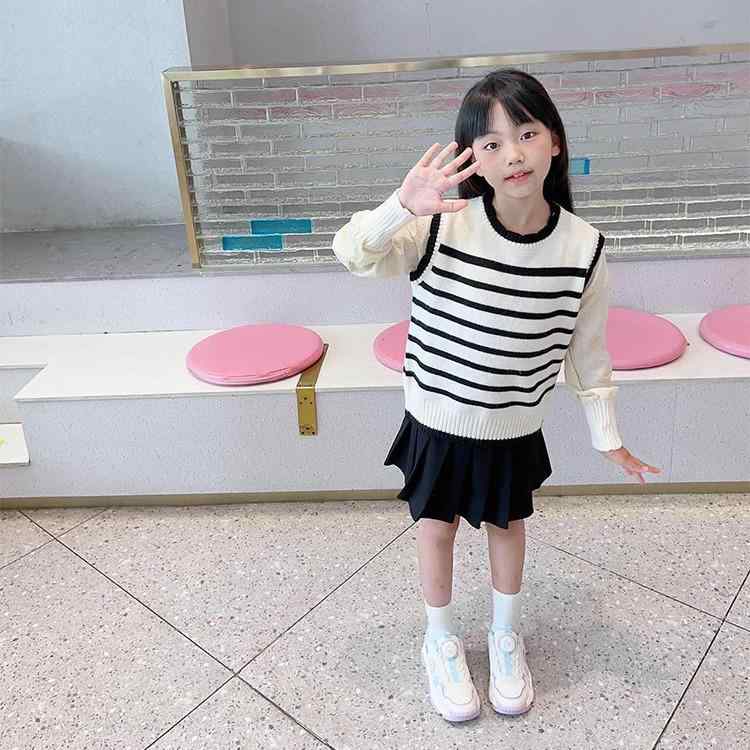 Girls' Knit Sweater, Long Sleeve, Striped Pattern, Mixed Materials, Stylish, Cute, Casual, Natural, Simple, Long Sleeve Top, Everyday Wear, Outings, Daily Wear, Ages 3, 4, 5, 6, 7, 8, 9, 10, 11, 12