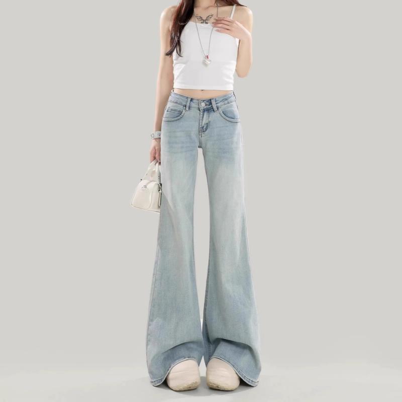 トップス デニムパンツ レディース ハイウエスト ゆるっとシルエット 微フレア 95%綿 伸縮性あり 复古風 普段使い アウトドア カジュアルスタイル 部屋着 春夏 95文字```. The user wants to convert a Chinese