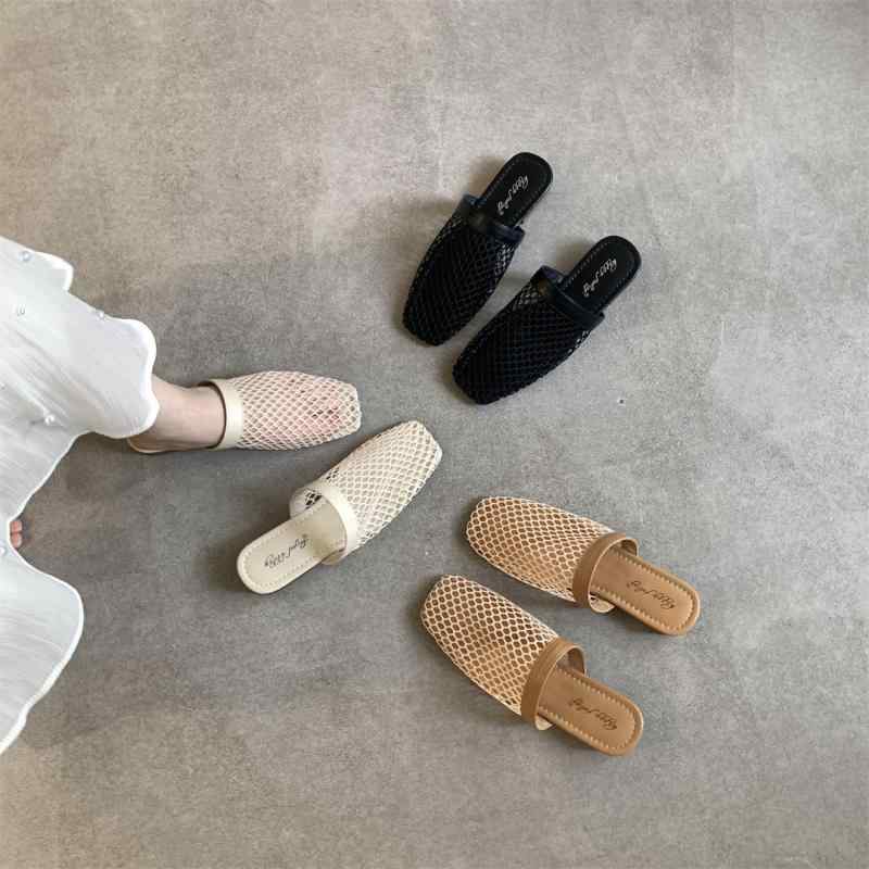 室内履き サンダル レディース 方頭 サマーサンダルMesh breathable mesh sandals half-drag slippers women's shoes outdoor wear Spring Summer new style tr