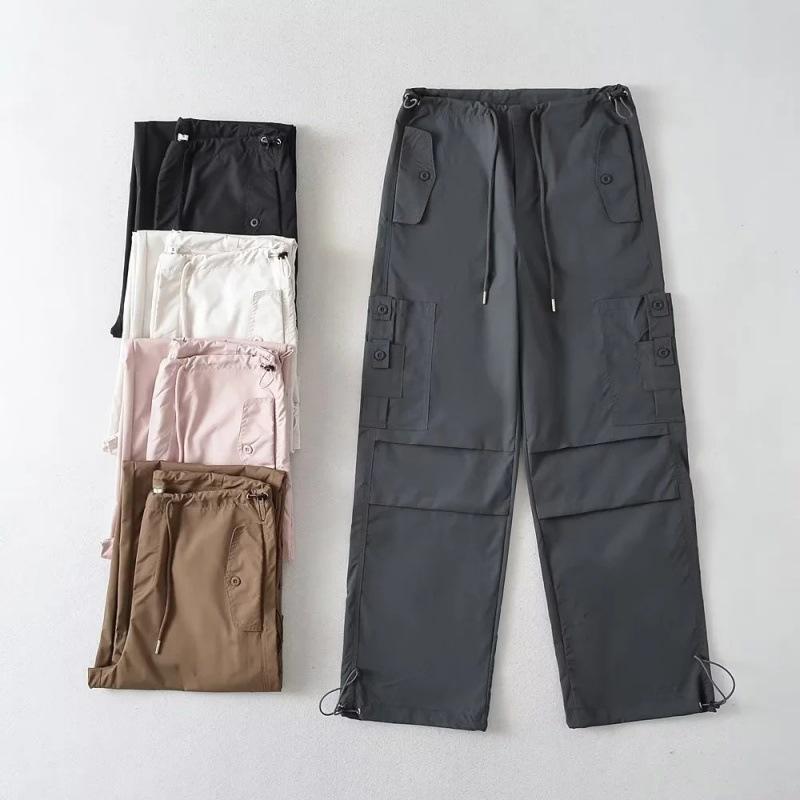 カジュアルパンツ レディース ハイウエスト 工装風 普段使い 伸縮性 M~L 鉛色