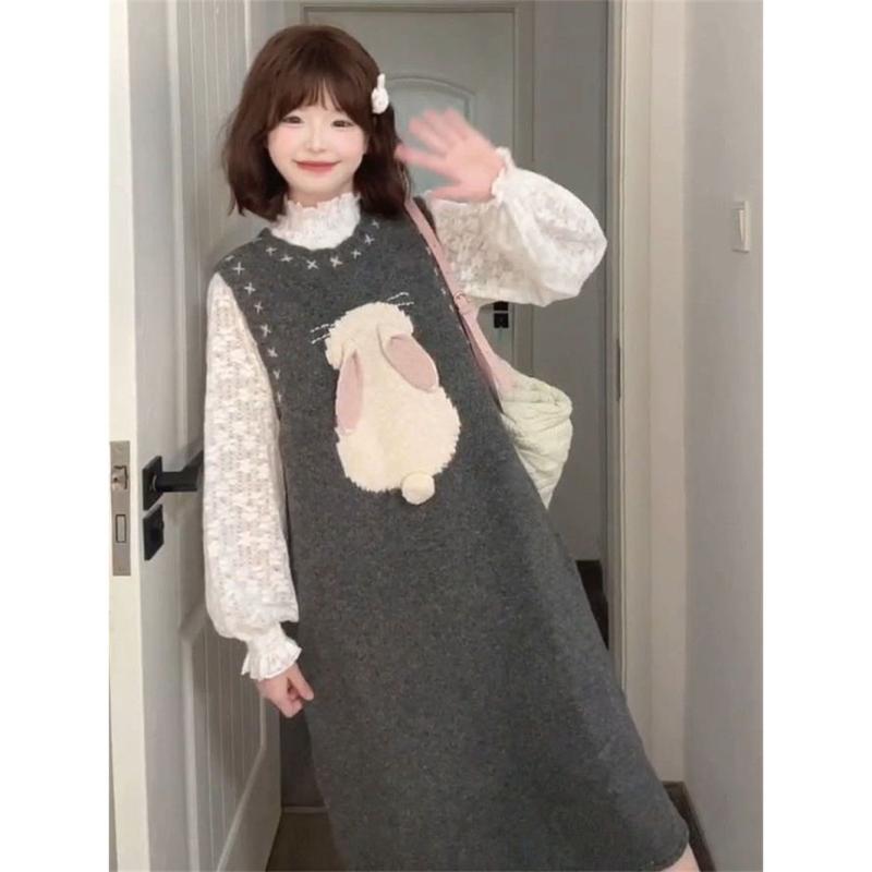 ワンピース チュニック 長袖 白シャツ 秋冬 セットアップ 白 シャツ ウサギ 兎 立体裁断 かわいい おしゃれ きれいめ フェミニン 清楚系 快適 清新甜美