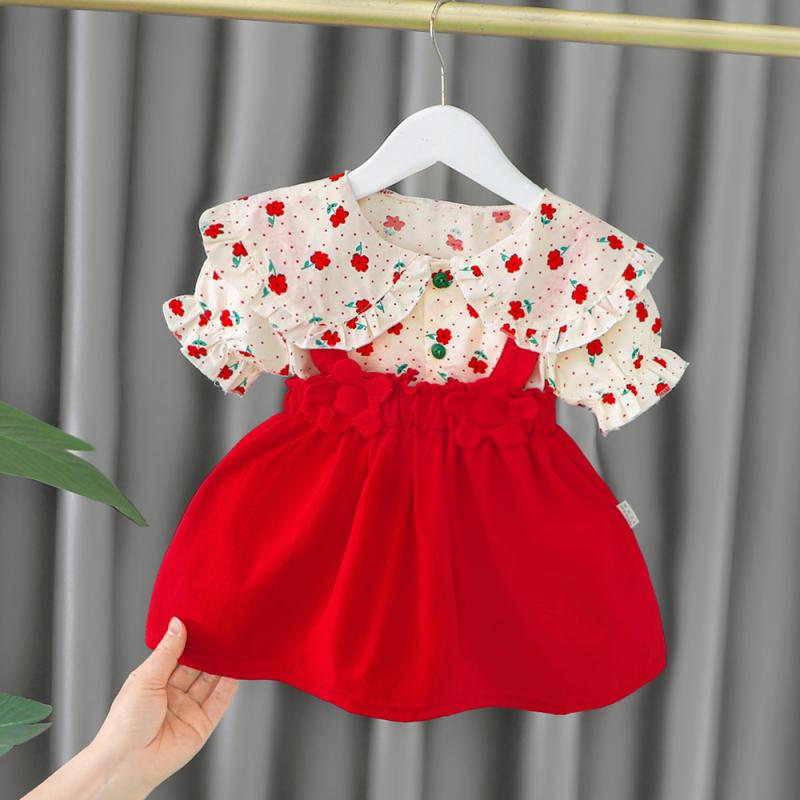 ワンピース 女の子 キッズ セットアップ オールシーズン おしゃれ かわいい 韓国風 春夏 3歳用・スタイル: 韓国風・素材: 綿・カテゴリ: キッズワンピース・安全等級: A類・主素材成分: 綿・主素材成分率: 99%・適用性別: 女の子・対象年齢: 1〜3歳・スカートスタイル: プリンセスライン・カラー展開: レッド（ドット柄）, グリーン（ドット柄）・サイズ展開: 80cm, 90cm, 100cm, 110cm, 120cm