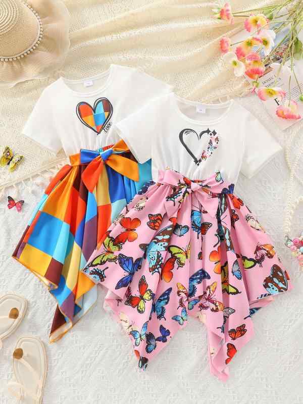 Girls' Summer Dress Set (2 pieces): Checkered pattern, short sleeves, asymmetrical skirt. Cute and stylish. Suitable for ages 3, 4, 5, 6, and 7. Perfect for toddlers, kindergarteners, and elementary school children. Casual, sweet, and cool. Made of polyester.