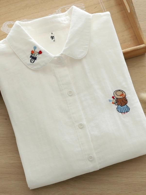 トップス レディース 長袖 シャツ ブラウス きれいめ カジュアル かわいい アニメキャラクター 刺繍 綿 コットン 白 ホワイト系 春 春夏 秋 普段使い 通勤 オフィス きれいめファッション おしゃれ 大人 女性 きれいめカジュアル アニメ風 キャラ