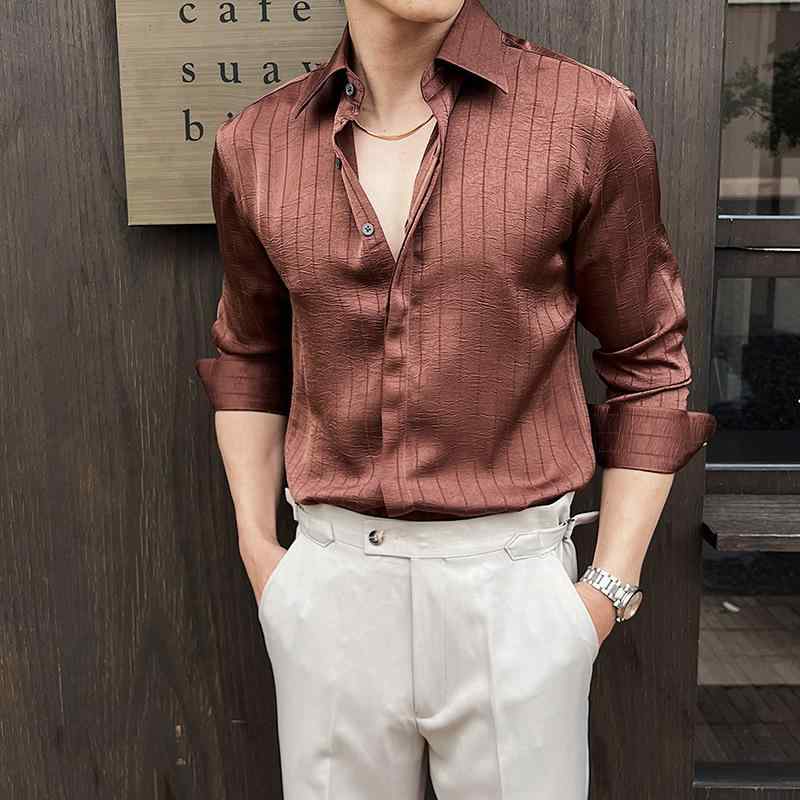 春装 新款 男士 高品质 男士 衬衫 大尖领 暗门襟 褶皱 条纹 免烫 长袖 衬衣 男