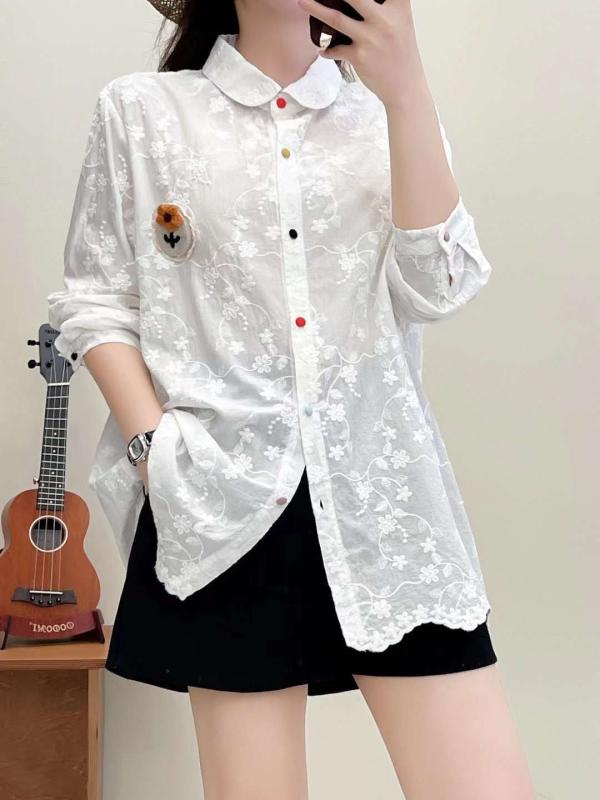 トップス シャツ ブラウス retro embroidery long sleeve loose casual layering basic shirt