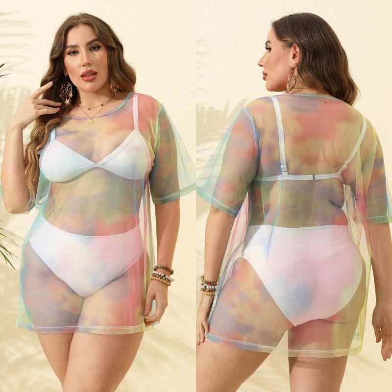 beach cover-up tie-dye print mesh perspective sexy women's clothing large size European and American style dress