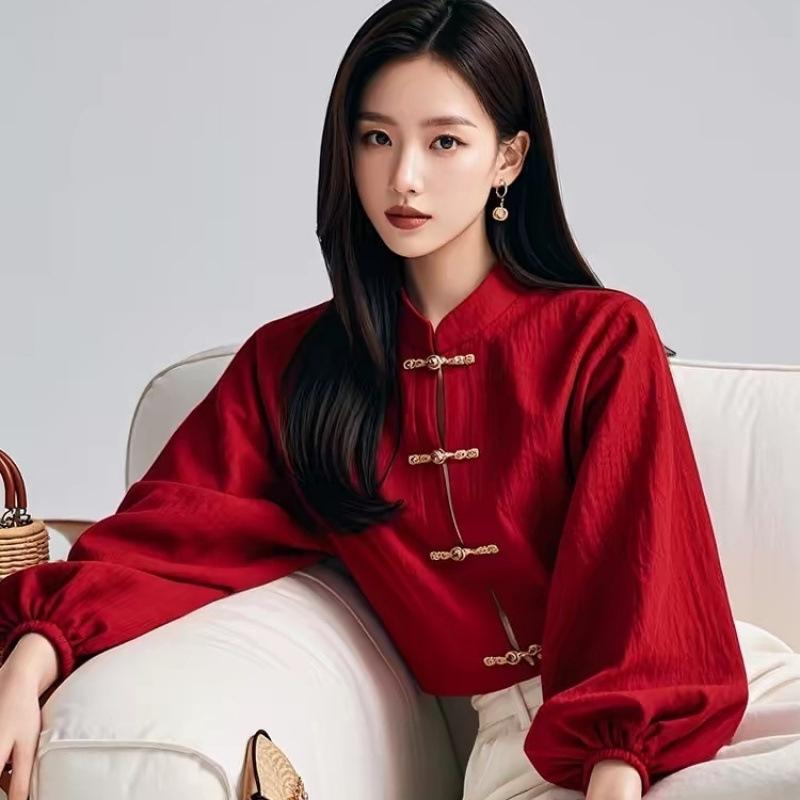 トップス 割引価格 赤色 lantern sleeve Lantern sleeve stand collar ladies' shirt Spring Autumn fashion commuter temperament elegant shirt