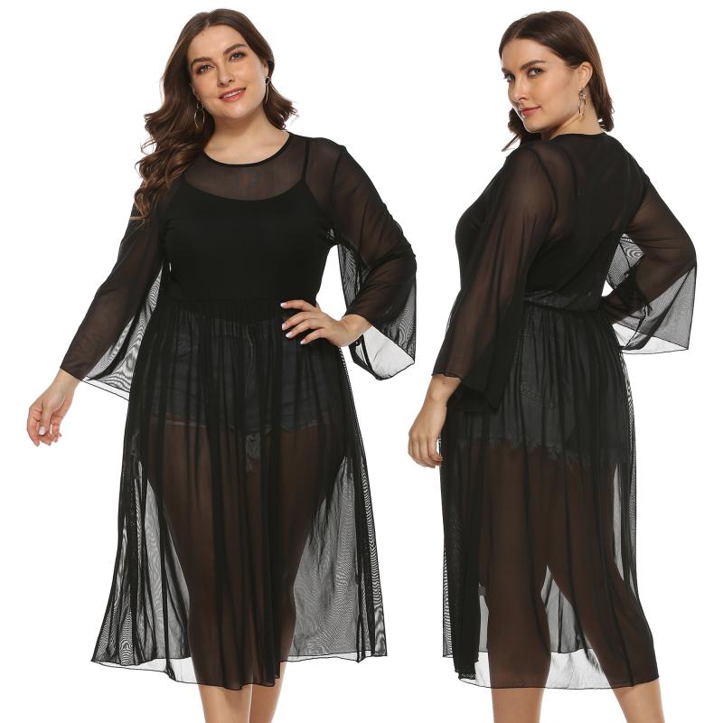 Sheer pleated midi dress with flared sleeves and a defined waist. Black. Suitable for commuting.