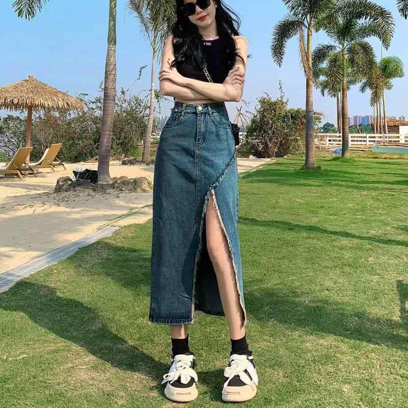 Aラインスカート デニム レディース 復古風 不規則毛辺 包臀スカート 膝下丈 カジュアル きれいめ 通勤 通学 通勤 デニムブルー