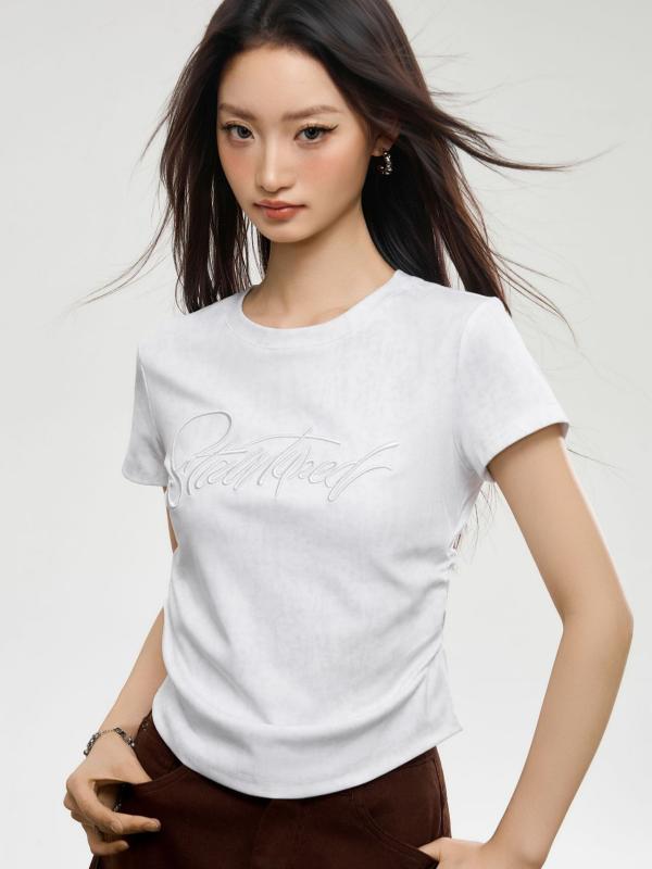 トップス Tシャツ レディース 刺しゅう デザイン スラッシュドネック 伸縮性 綿混 コットン混 快適 普段使い デイリー ブラック ホワイト系 アイボリー