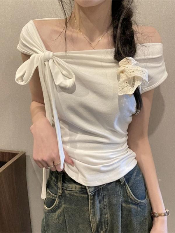 トップス 斜め襟 Tシャツ レディース 半袖 夏 ブラウス ショート丈 デザイン绑带 かわいい おしゃれ 大人っぽい おしゃれ カジュアル きれいめ おしゃれ ファッション 20代 30代 40代 ホワイト ブラック コーヒー系