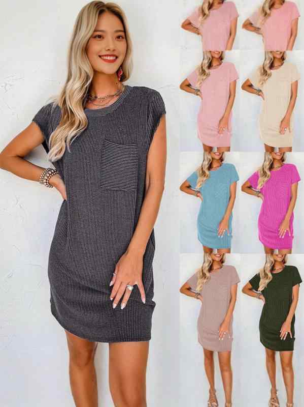 ワンピース チュニック confecci n con estampado de ondas y rayas de colores de manga corta con bolsillos para mujer estilo casual europeo