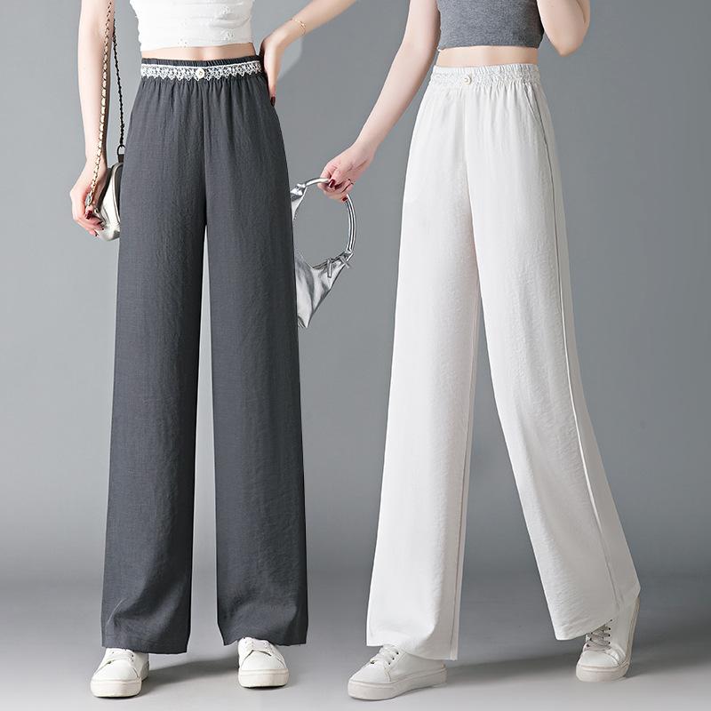 pantalones de verano finos para mujer de mediana edad, estilo lino y seda helada, rectos, pierna ancha, nuevo modelo 2025
