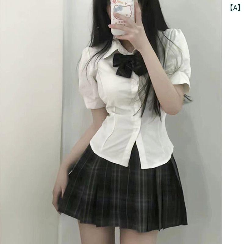 フォークBRのトップス JK制服 ブラウス オリジナル 学院風 パフスリーブ 長袖 レディース 白色 シャツ 白 シャツ JK セットアップ｜アングル2
