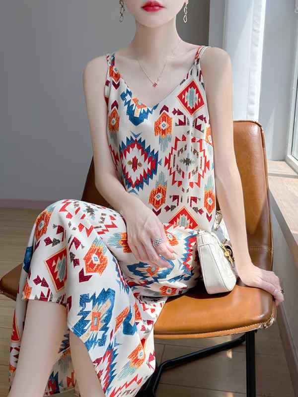 Vネック 接触冷感 geometric print dress ladies dress summer fashion commute style