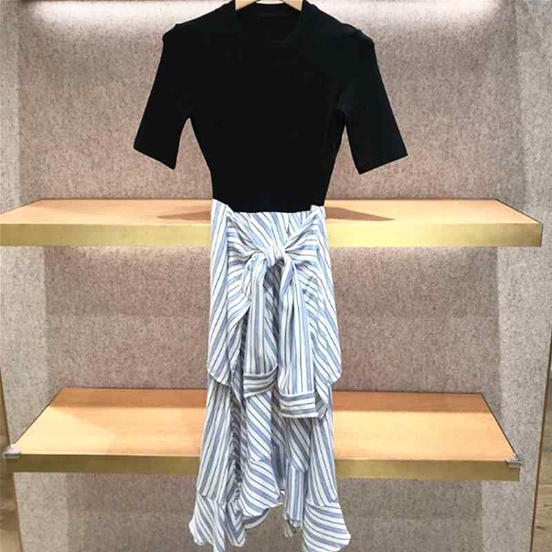 ワンピース レース 切り替え ストライプ柄 ヘムスカート confezionato in chiffon girocollo maniche corte a coste irregolari vita alta vita donne autunno pr