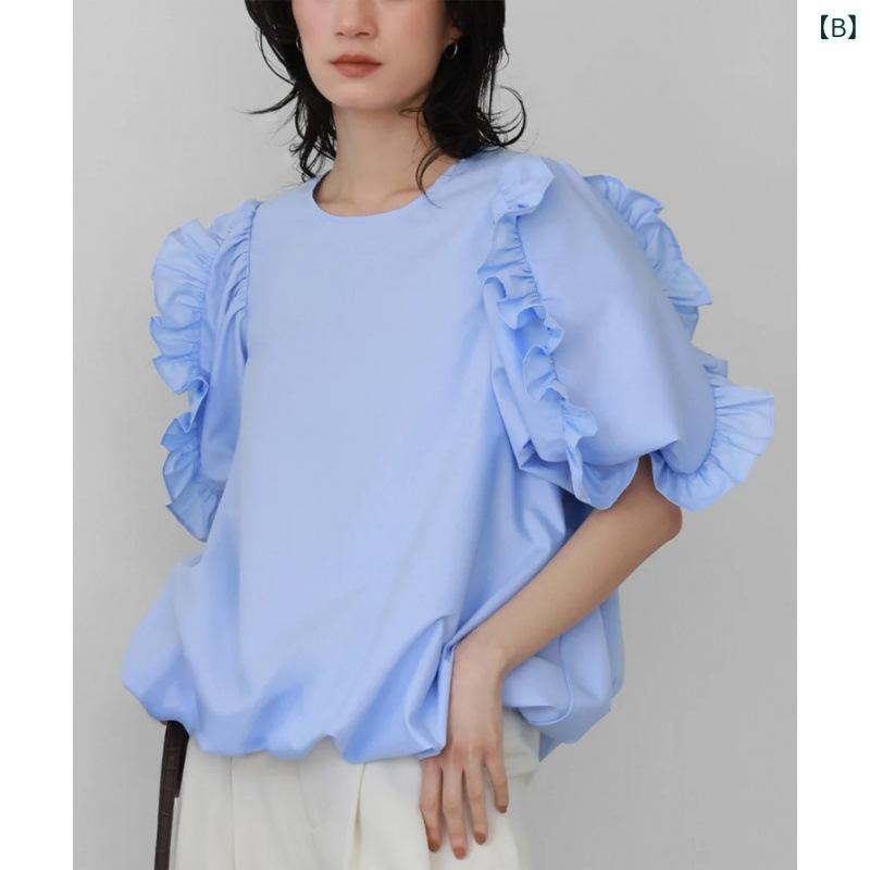 フォークBRのトップス ブラウス フリル袖 パフスリーブ 異素材切り替え チュニック丈 甜美系 ガーリー系 フェミニン系 カジュアル系 通勤用 普段使い 春夏服 涼しい 通気性 白 青 紺｜アングル3