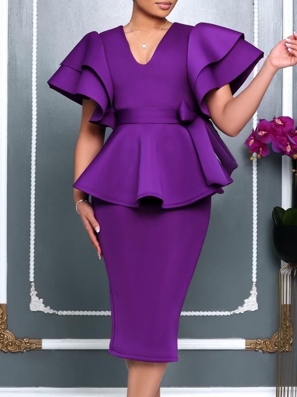 Elegant ruffled V-neck short-sleeved high-waisted fitted midi dress, knee-length, party dress, formal dress, blue, purple.
