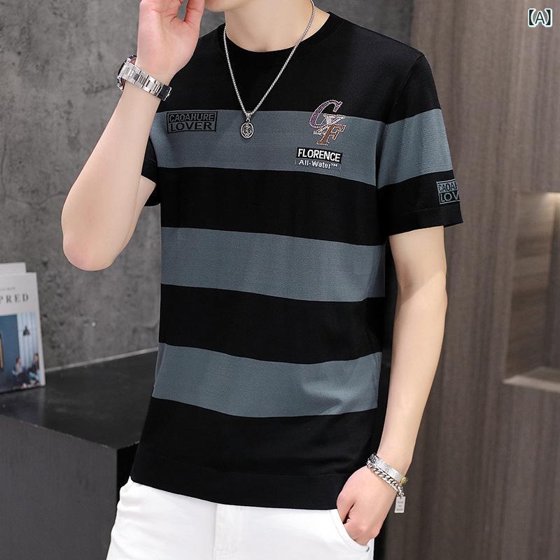 Tシャツ メンズ 半袖 幾何柄 ストライプ 薄手 夏服 通気性 通気性 高弾性 吸湿速乾 M L XL 2XL 3XL 4XL 5XL