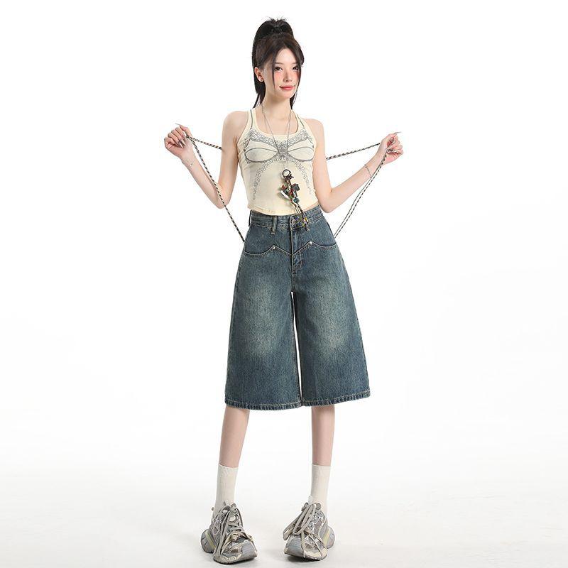 デニムパンツ レディース ワイドパンツ 七分丈 ストレート ハイウエスト ヴィンテージ風 古着風 垂感 カジュアル ボトムス オールシーズン・素材: 綿混・スタイル: カジュアル、ストリート・主な素材: 綿80%-90%・パンツ丈: 七分丈・ウエスト: ハイウエスト・厚さ: 普通・流行の要素: ファスナー・カラー展開: ヴィンテージブルー、ベージュ、デニムブルー・サイズ展開: XS,S,M,L,XL・シルエット: ワイドレッグ・製品カテゴリ: デニムパンツ・加工: ウォッシュ加工