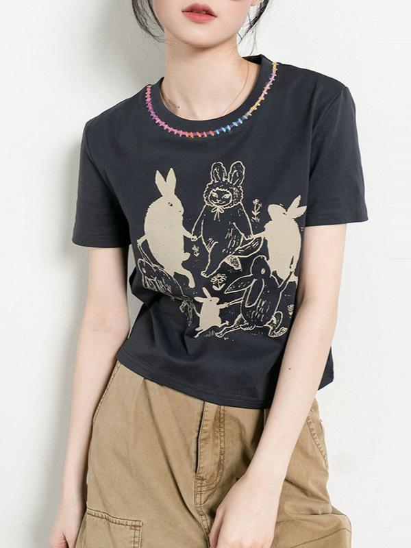 Tシャツ レディース 半袖 フレンチスタイル 重工 彩線装飾 ウサギ柄 プリント カジュアル 普段使い トップス クルーネック