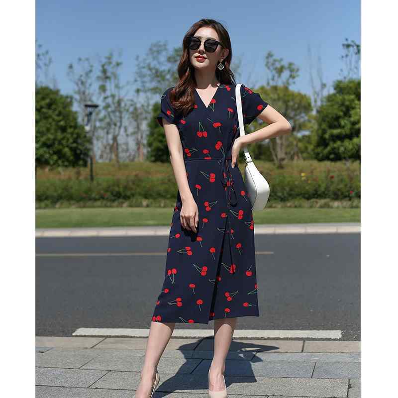 ワンピース レディース 春夏 カシュクール ラップワンピース チェリー さくらんぼ 総柄 半袖 パフスリーブ フレア Aライン ミモレ丈 ロング ショート ハイウエスト 細見え 着痩せ フレンチ スタイル リゾート カジュアル
