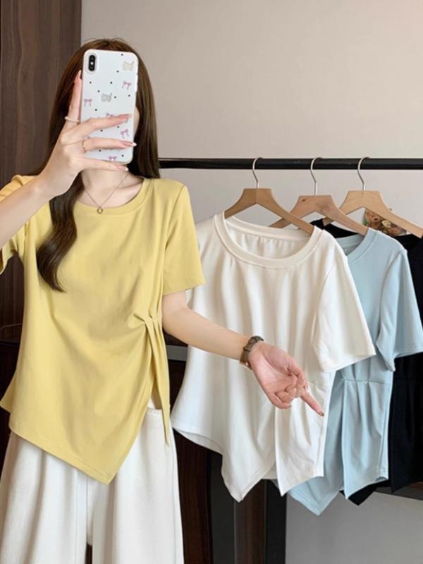 Tシャツ レディース 半袖 黄色 レギュラーショルダー ルーズフィット スリム効果 デザイン性 カジュアル 通勤用 普段使い トップス 無地 シンプル ベーシック 着回し 若見え・カテゴリ: Tシャツ・素材: 綿・綿混率: 95%以上・スタイル: プルオーバー、レトロ風、フレンチシック・フィット感: ルーズフィット・ネックライン: クルーネック・袖丈: 半袖・袖のタイプ: 通常・着丈: 普通丈・加工: プレスシワ加工・流行要素: 無地・カラー展開: レモンイエロー、ブラック、ホワイト、フォギーブルー・サイズ展開: S、M、L、XL、XXL、XXXL・ラベル: ラベルなし