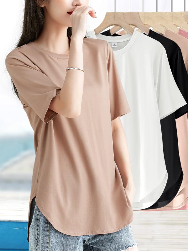Tシャツ レディース 半袖 ラウンドヘム モダール混 綿 コットン トップス 無地 柔らかい 快適 吸湿速乾 通気性 伸縮性 ビッグシルエット ゆったり 体型カバー カジュアル 普段着 ルームウェア 春夏・カテゴリ: Tシャツ・素材: モーダル繊維、綿・柄: 無地・スタイル: カジュアル・袖丈: 半袖・工法: 形態安定加工・フィット感: ルーズ・着丈: 中長丈・ネックライン: クルーネック・袖型: スタンダードスリーブ・特徴: プレーン、カジュアル、着回し力・カラー展開: 暗赤色、薄灰色、ブラック、オフホワイト、暗ピンク、薄緑色・サイズ展開: M、L、XL、2XL、3XL、4XL・スタイルテイスト: エレガント、通勤・混用率: モーダル繊維30-50%、綿30-50%・着用シーン: スポーツ、ショッピング、デイリー、ルームウェア、職場、通勤・肌触り: 普通・対象者: シニア、中高年