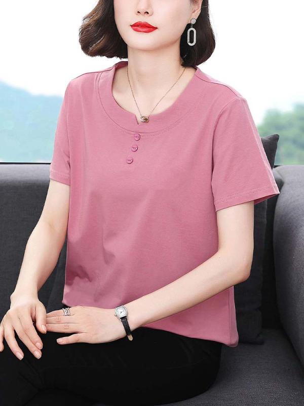 Tシャツ レディース カットソー 半袖 トップス チュニック プルオーバー 綿 100 コットン 丸首 ラウンドネック ミセス ハイミセス お母さん 母親 祖母 50代 60代 シニア 婦人服 普段使い カジュアル 伸縮性 通気性 fork-br-11047001 フォークBR パッケージ画像