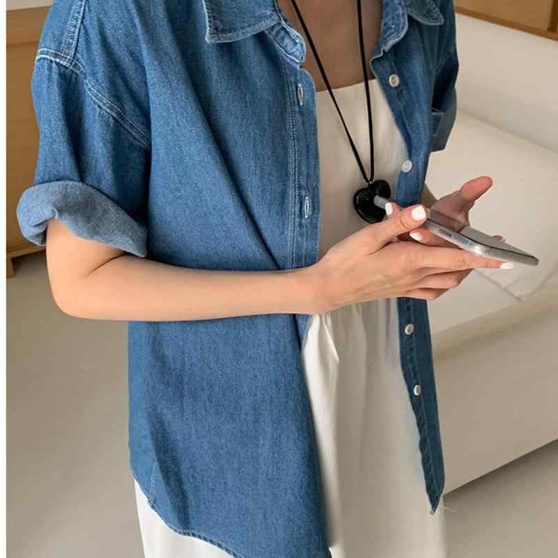シャツ レディース デニムシャツ 半袖 襟付き フロントボタン 前開き 羽織り トップス ブラウス アウター レトロ ヴィンテージ風 カジュアル 通勤 普段使い 通学 デイリー 伸縮性 軽量 コットン 綿 ブルー 青 ネイビー