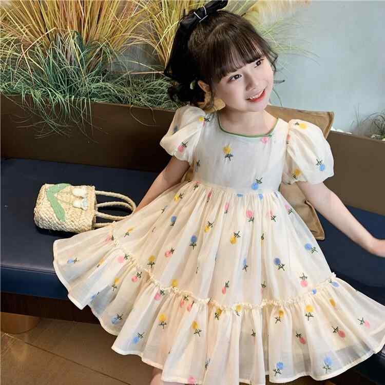 ワンピース キッズ 女の子 半袖 膝丈 刺しゅう リボン 花柄 プリンセス かわいい 洋服 春夏 普段使い お出かけ用・スタイル: プリンセス・素材: 蕾丝（レース）・カテゴリ: ワンピース・安全基準: B類・主素材: 綿60%・対象性別: 女児・対象年齢: 中大童（8歳以上）・柄: 花柄・生地加工: 柔軟加工・袖丈: 半袖・スカートシルエット: Aライン・裏地素材: 綿80%・デザイン要素: 可愛い・カラー: 米白色・サイズ: 100cm, 110cm, 120cm, 130cm, 140cm, 150cm, 160cm・製品区分: 子供用ワンピース