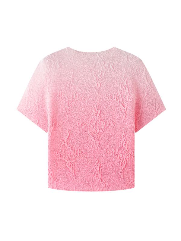 Tシャツ レディース プリーツ 半袖 丸首 カットソー トップス 伸縮性 体型カバー グラデーション カジュアル エレガント 普段使い 通勤 お出かけ オフィス 20代 30代 夏 ピンク 紫 青 グレー サジェスト 類語