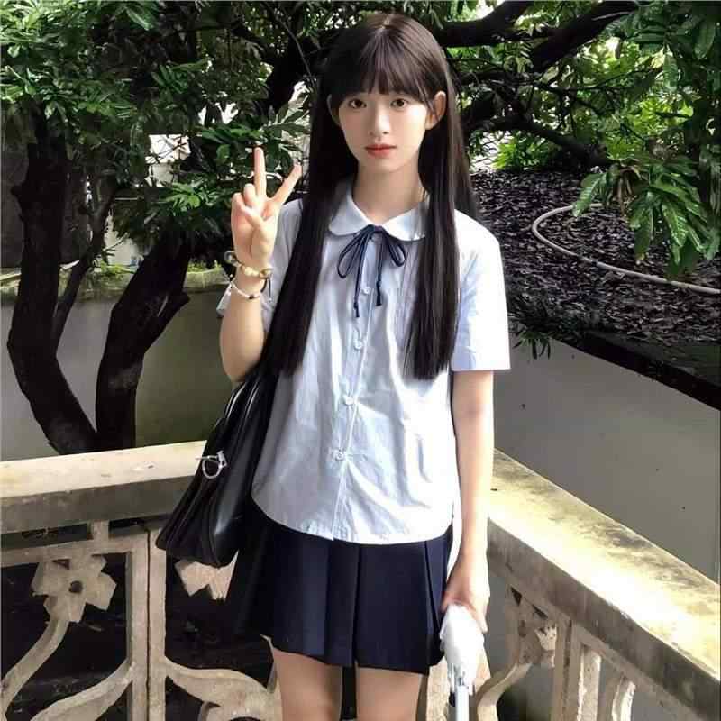 シャツ 半袖 レディース 学院風 制服 JK 青 トップス 襟付き ブラウス プリーツスカート 上下セット 3点セット セーラー服 20代 春 夏 秋 学生 通学 お出かけ デート かわいい おしゃれ ゆったり 体型カバー