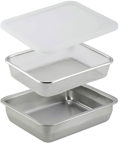 乐天商城 - 下村企販 角型 バット ザル セット ワイド深型 【日本製】 ステンレス フタ付き 保存容器 下ごしらえ 豆腐の水切り 貝の砂抜き 下味 油切り