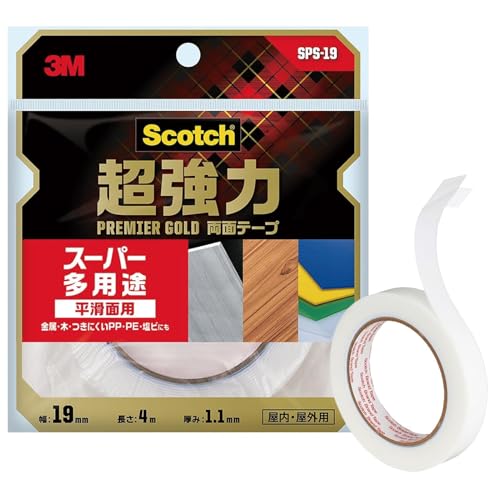 樂天商城 - 3M スコッチ 超強力 両面テープ プレミアゴールド スーパー多用途 平滑面用 幅19mm長さ4m 1巻 SPS-19 屋内・屋外兼用