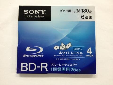 ソニーSONY【ブルーレイディスク1回録画用25GB】ホワイトレーベル・ビデオ用180分4枚入