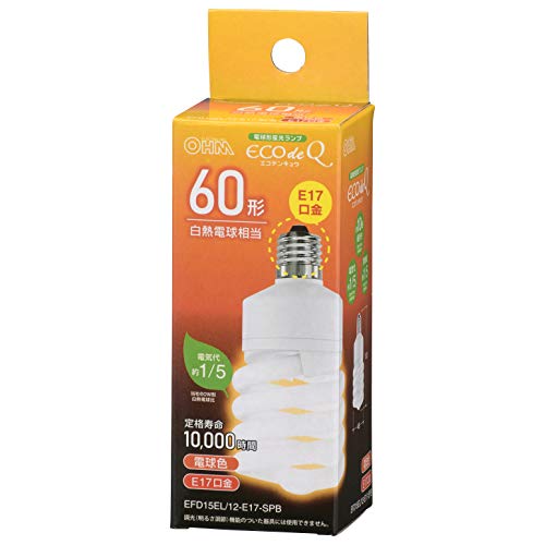 オーム電機 電球形蛍光灯 スパイラル形 E17 60形相当 電球色 エコデンキュウ EFD15EL/12-E17SPB 06-3774 OHM