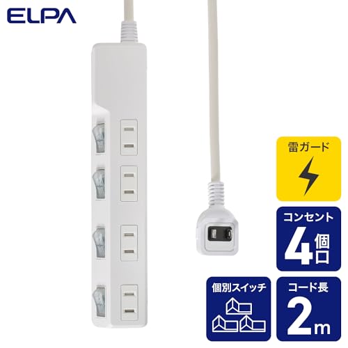 エルパ(ELPA) 耐雷SW付タップ AC125V 15A 4個口 LEDランプ仕様 独立スイッチ 雷から接続機器を守る耐雷サージ付 WLK-4
