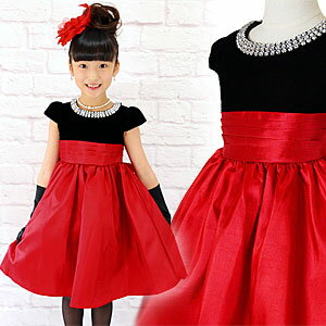 SALE ブラックベロア ラウンドビジュー レッドスカートドレス 胸元ラウンドビジューがキラキラ ブラックベロアのトップと赤のスカートが鮮やかなフォーマルドレス