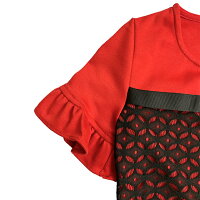 ジュニアブラックレースフリル袖ワンピースドレス「レッド」