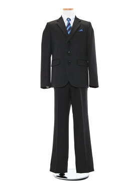 【レンタル】男の子 スーツレンタル 卒業式 スーツ 140cm 150cm 160cm 170cm 男児 黒ダブルストライプ地スーツセット 青レジメンタルタイ 結婚式 貸衣装 靴セット